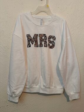 David’s Bridal White Crewneck Sweatshirt with Leopard "MRS" Lettering